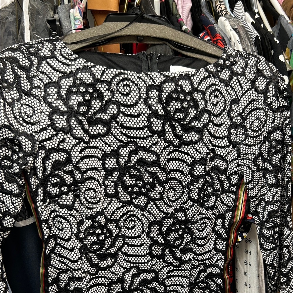 Nicole Miller Black and White Lace Dress with Colorful Stripes on each side